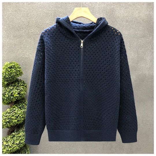 Unisex Leichte Lochstrick-Kapuzenzipjacke mit Ajourmuster Nord Taschen