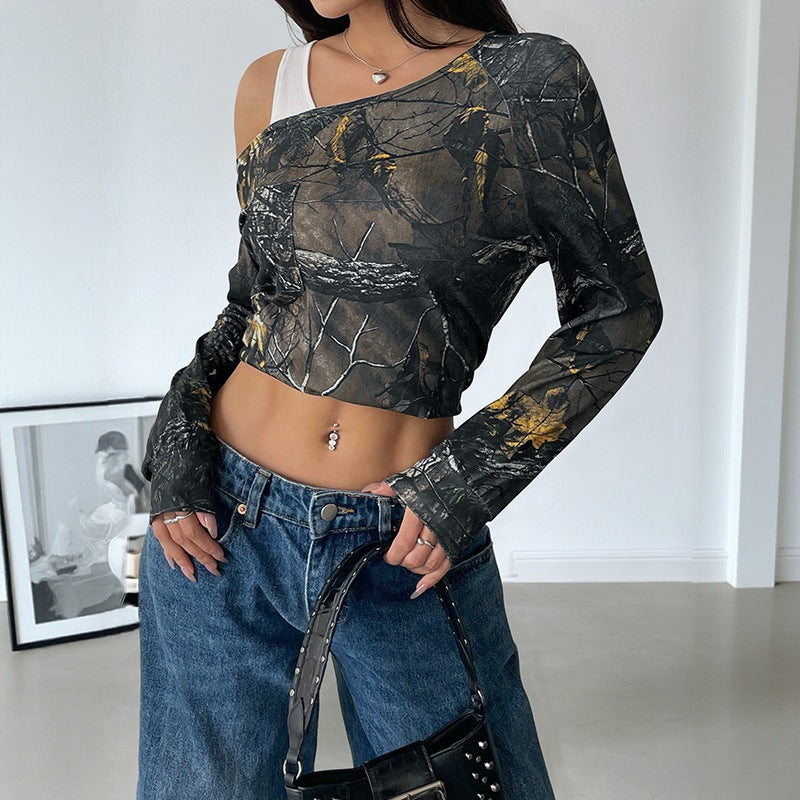 Damen Asymmetrisches Crop-Oberteil mit einzigartigem Baum-Muster Nord Taschen