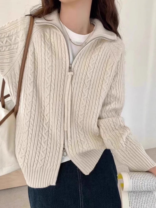 Damen Kastiger Zopfstrick‑Cardigan mit Zweiwege‑Reißverschluss, Stehkragen und breitem Rippsaum Nord Taschen