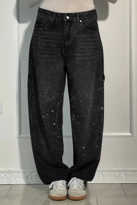 Damen High-Waist Jeans im weiten Cargo-Schnitt mit funkelndem Strassbesatz Nord Taschen