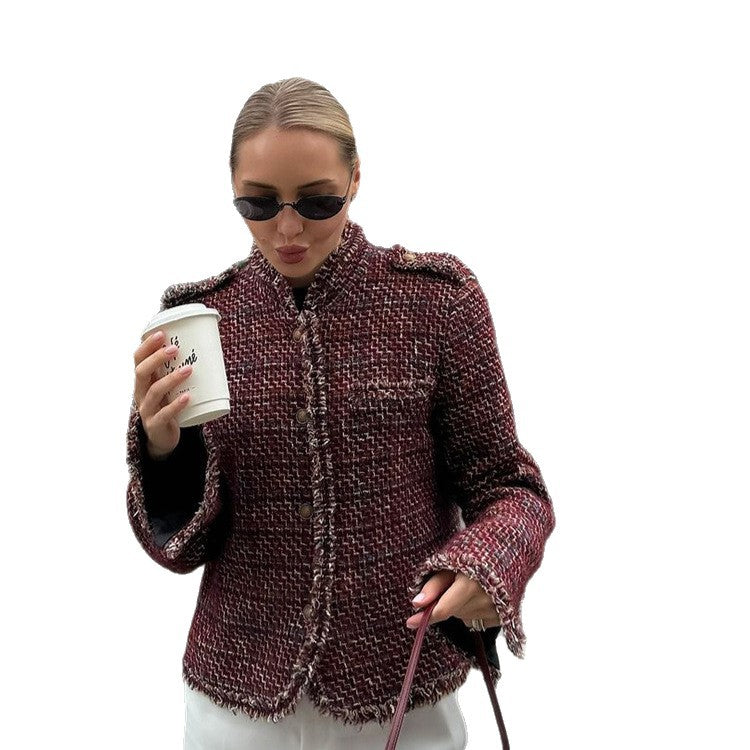 Damen Kurze Bouclé-Tweed-Jacke mit Fransenbesatz und Zierknöpfen Nord Taschen