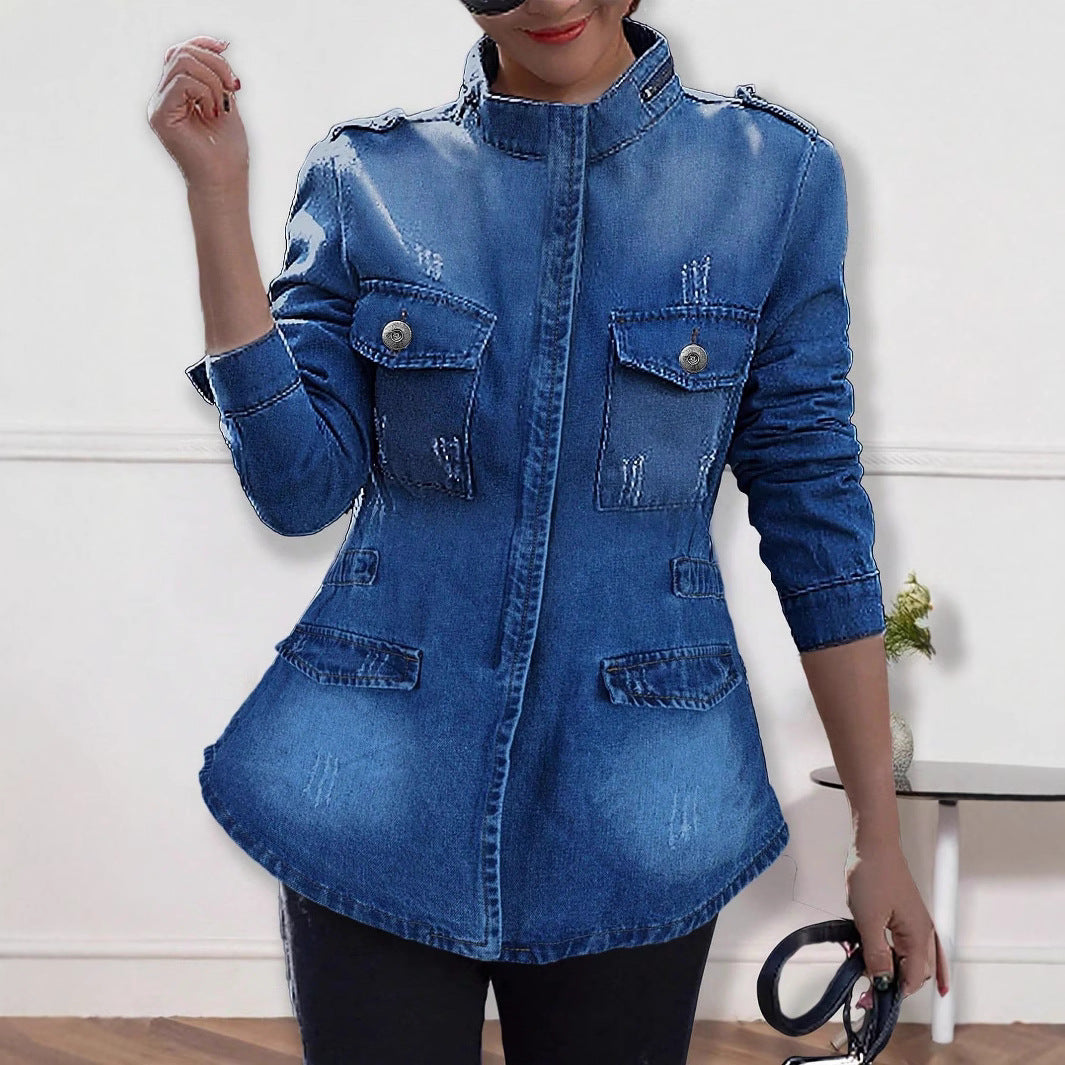 Damen taillierte Denim-Jacke im Military-Style mit Stehkragen und Pattentaschen Nord Taschen