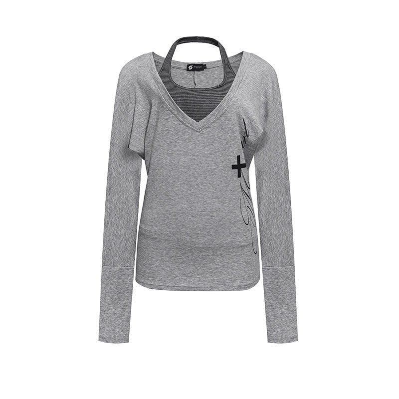 Damen Lagen-Langarmshirt mit tiefem V-Ausschnitt, Neckholder-Innenlayer und seitlichem Script-Print Nord Taschen