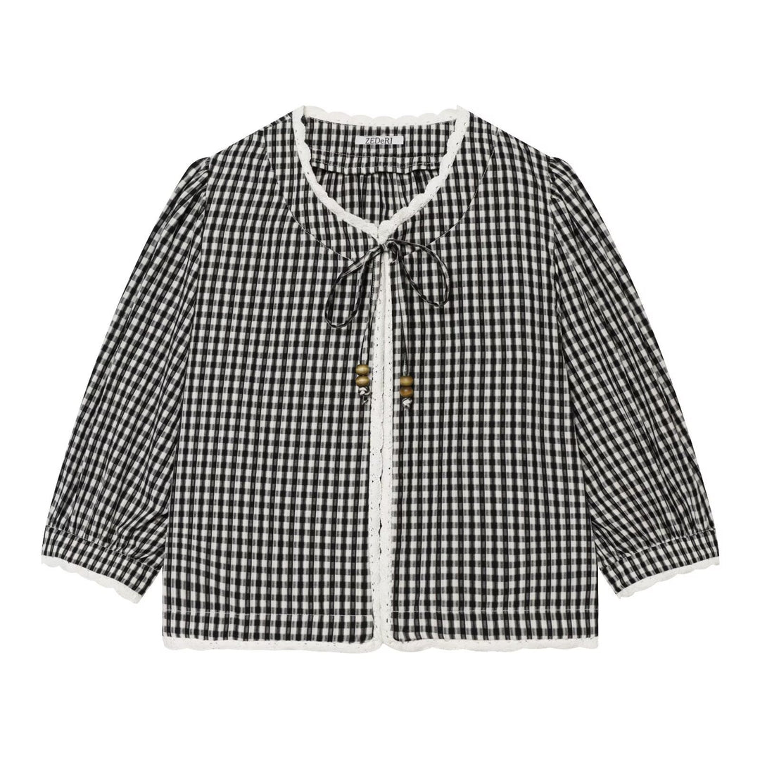 Damen Vichykaro-Bluse mit Häkelbesatz, Bindeband und dreiviertel Ballonärmeln Nord Taschen