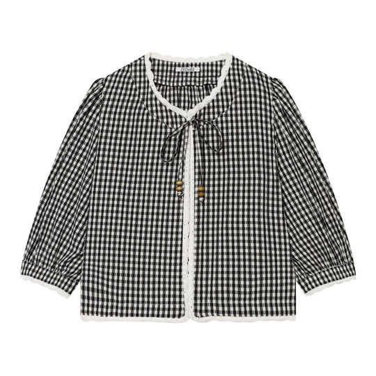 Damen Vichykaro-Bluse mit Häkelbesatz, Bindeband und dreiviertel Ballonärmeln Nord Taschen