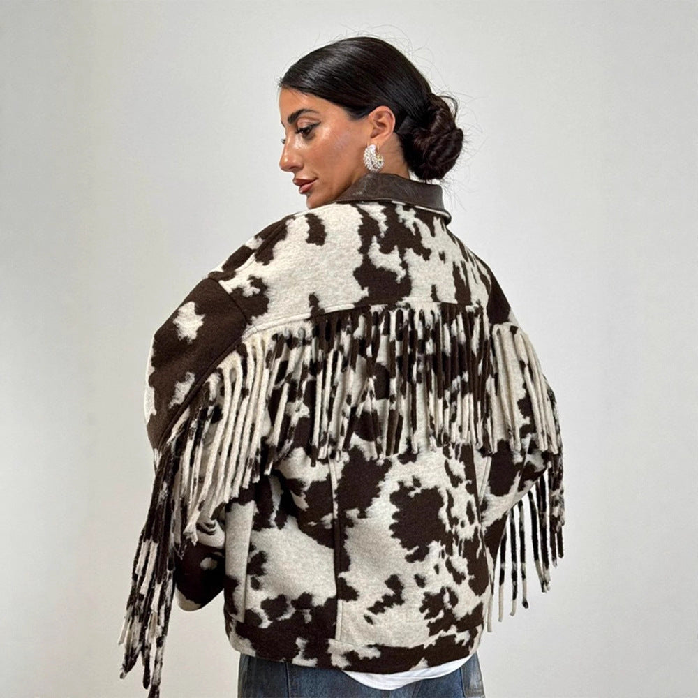 Damen Kurzjacke im Cowprint mit Fransen, Kunstfell‑Optik und Lederkragen Nord Taschen