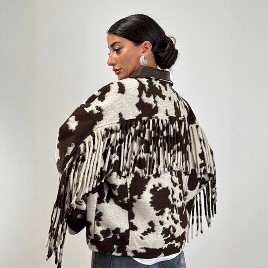 Damen Kurzjacke im Cowprint mit Fransen, Kunstfell‑Optik und Lederkragen Nord Taschen