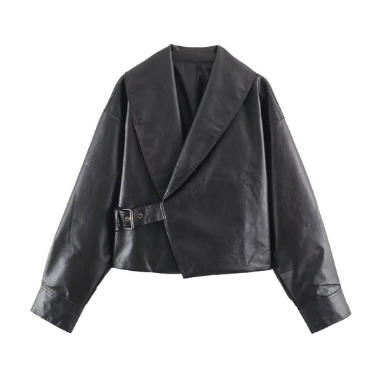 Damen Kurze Oversize-Lederoptikjacke mit weitem Schalkragen und Gürtel Nord Taschen