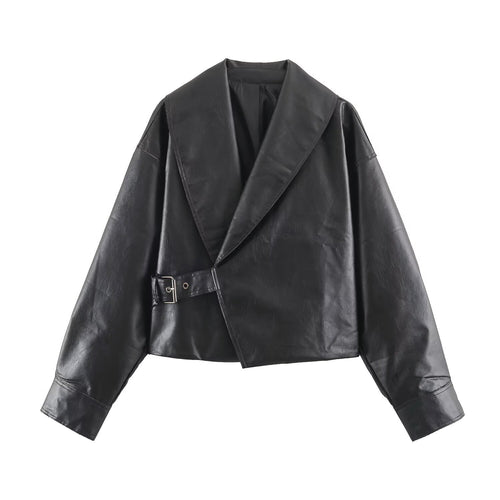 Damen Kurze Oversize-Lederoptikjacke mit weitem Schalkragen und Gürtel Nord Taschen