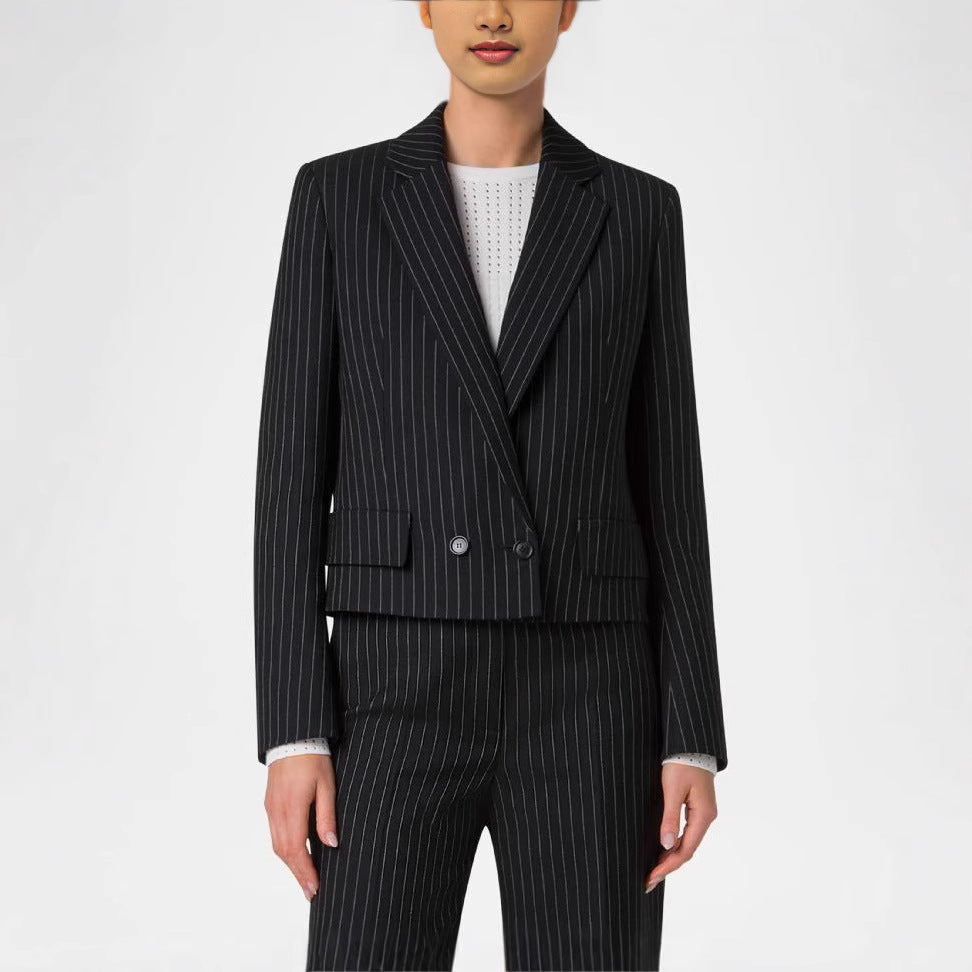 Damen Zweiteiliges Nadelstreifen‑Hosenanzug mit tailliertem Kurzblazer und weitem Palazzohosenbein Nord Taschen