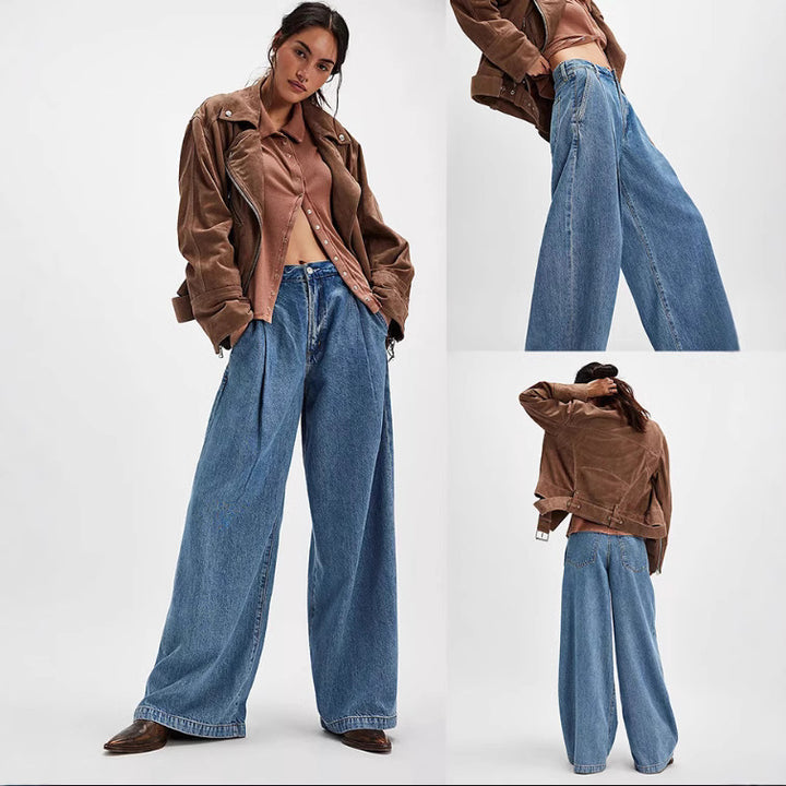Damen hochgeschnittene Denim-Palazzohose mit markanten Bundfalten und extra weitem Bein Nord Taschen