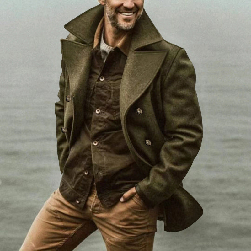Herren Kurzmantel im Marine-Stil aus Wollmischung mit doppelter Knopfleiste und großem Revers Nord Taschen