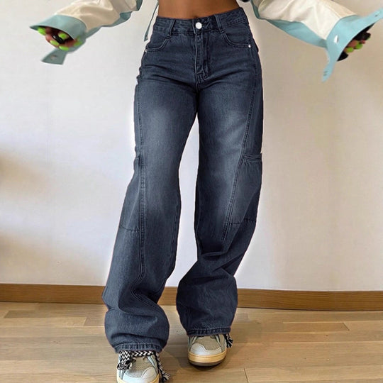 Damen High-Waist weite Cargo-Denimhose mit Nahtpaneelen und Baggy-Silhouette Nord Taschen