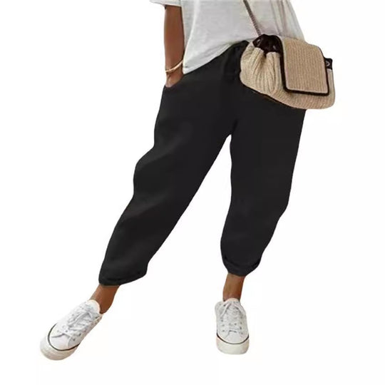 Damen Lässige Leinen-Joggerhose mit hohem Bund, Tunnelzug und gekrempeltem Saum Nord Taschen