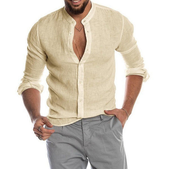 Herren nan Leinenhemd mit Stehkragen, durchgehender Knopfleiste und legerer Slim-Fit-Passform
