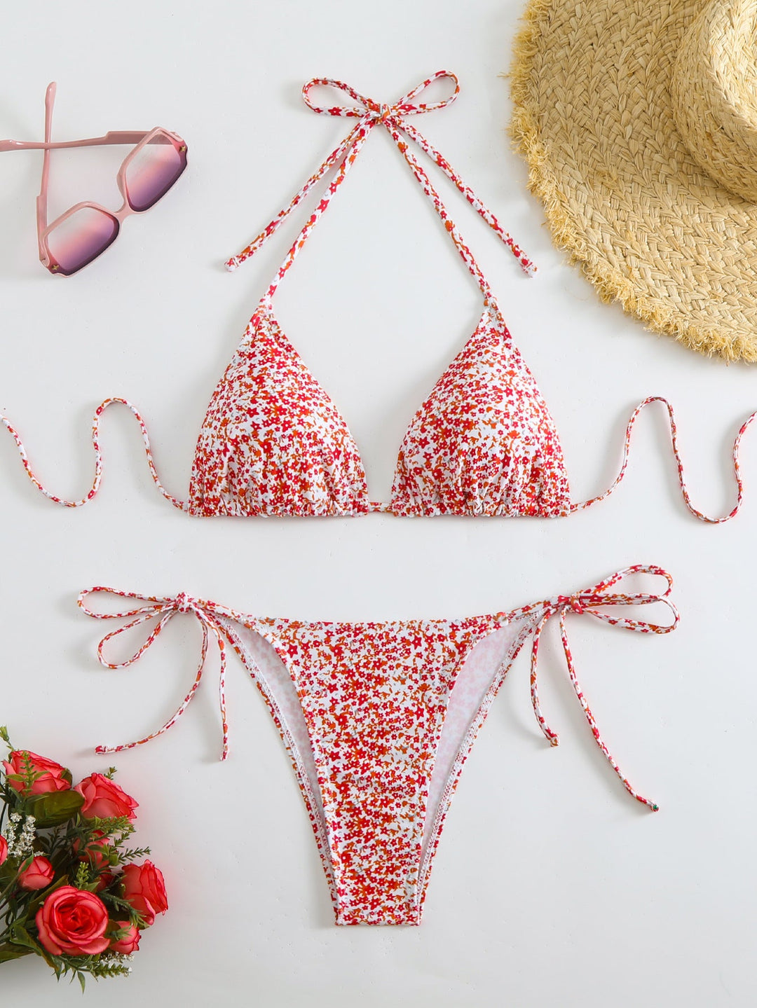 Damen Triangel-Bikini mit liNord Taschenevollem Blumenmuster und verstellbaren Trägern