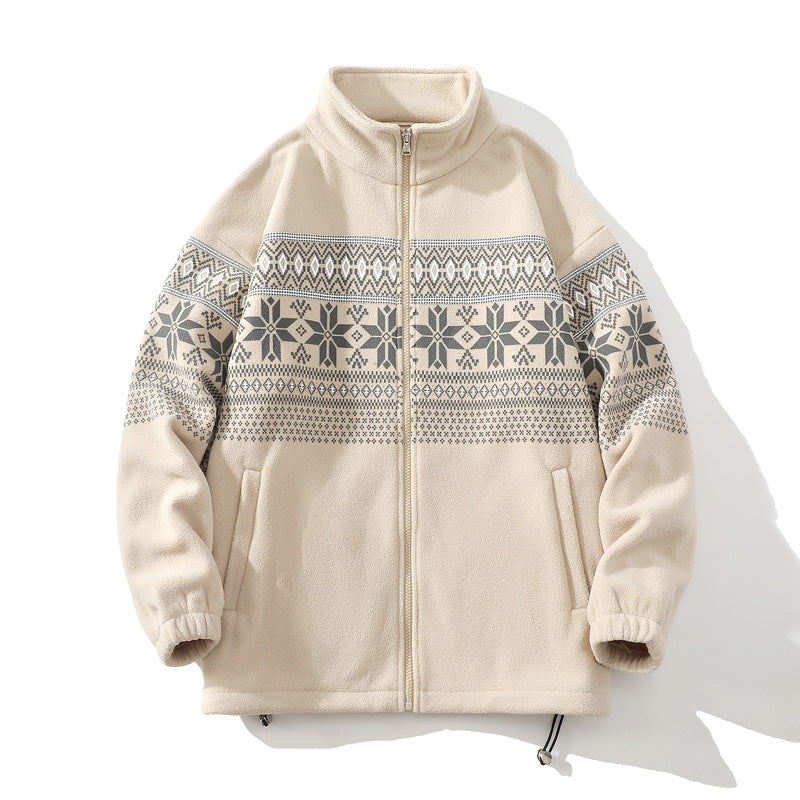Unisex Norwegermuster-Fleecejacke mit Stehkragen, durchgehendem Reißverschluss und Kordelzug Nord Taschen
