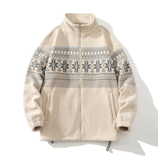 Unisex Norwegermuster-Fleecejacke mit Stehkragen, durchgehendem Reißverschluss und Kordelzug Nord Taschen