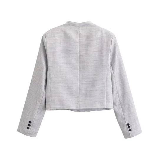 Damen Kurzgeschnittener kragenloser Blazer mit doppelreihiger Knopfleiste und Strukturgewebe Nord Taschen