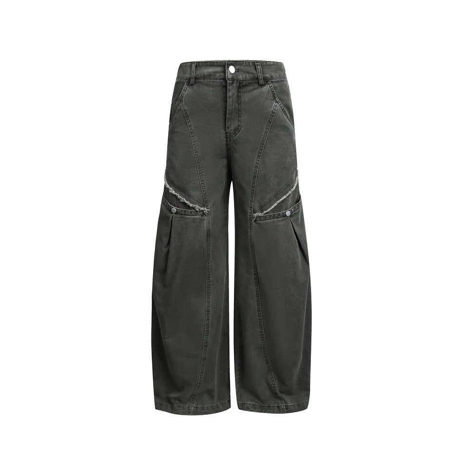Damen Weite High‑Waist Cargo‑Hose im Vintage‑Workwear‑Look mit Aufgesetzten Taschen und Fransen-Details Nord Taschen
