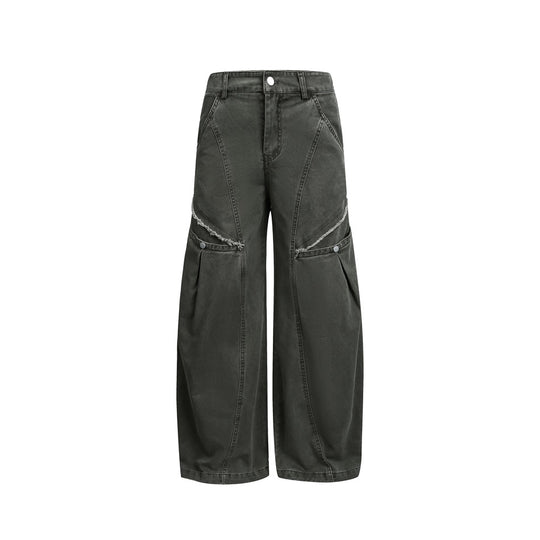 Damen Weite High‑Waist Cargo‑Hose im Vintage‑Workwear‑Look mit Aufgesetzten Taschen und Fransen-Details Nord Taschen