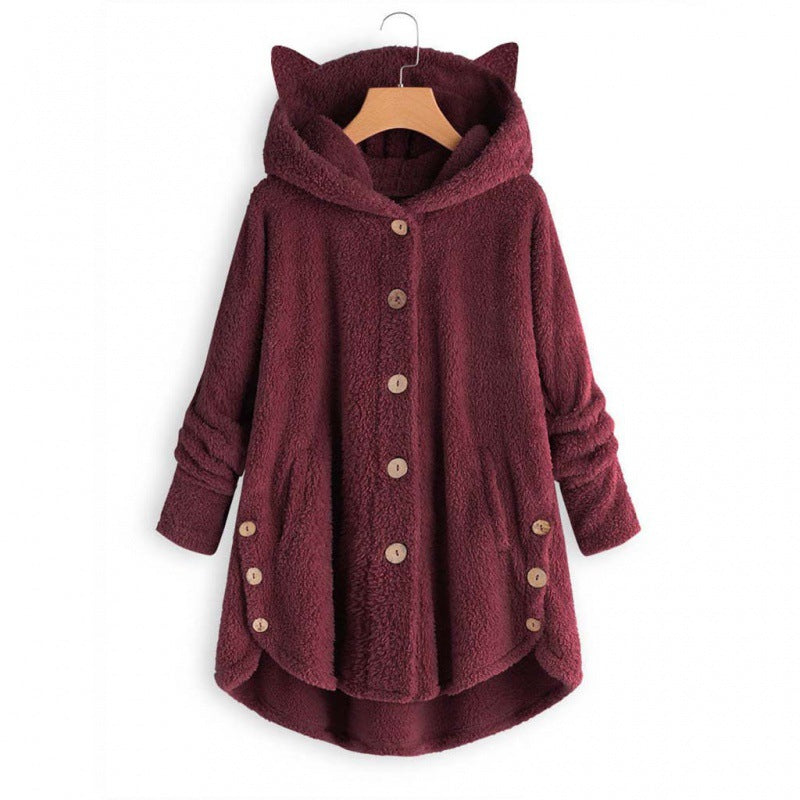 Damen Kapuzen-Teddy-Mantel mit Katzenohren, Knopfleiste und asymmetrischem Saum Nord Taschen