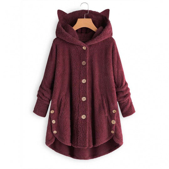 Damen Kapuzen-Teddy-Mantel mit Katzenohren, Knopfleiste und asymmetrischem Saum Nord Taschen