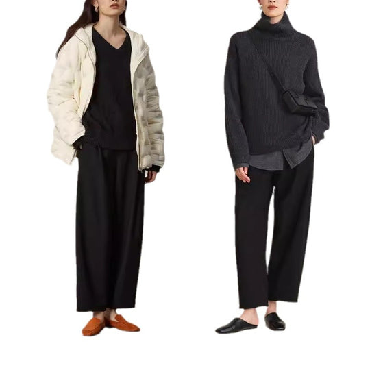 Damen Hochtaillierte weite Bundfaltenhose im Palazzo-Stil mit verdeckten Eingrifftaschen Nord Taschen