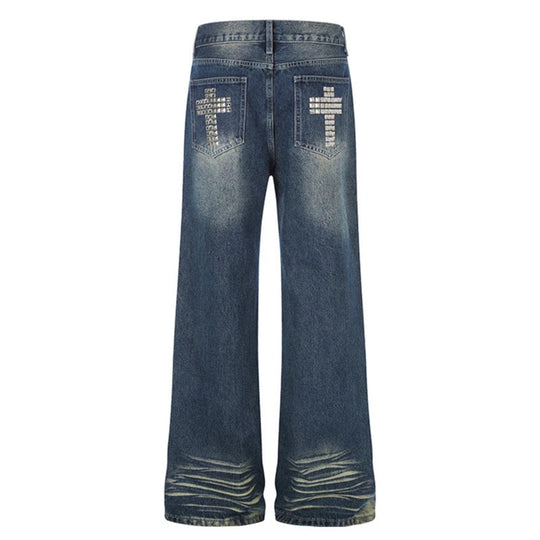 Damen Weite High‑Waist Distressed-Jeans im Palazzo-Stil mit Nietenbesatz Nord Taschen