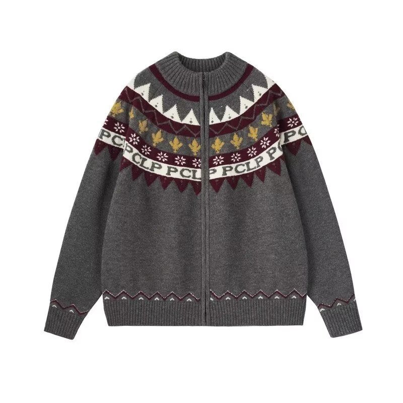 Damen Lässige Strick-Zipjacke mit Jacquard-Yoke und Rippbündchen Nord Taschen