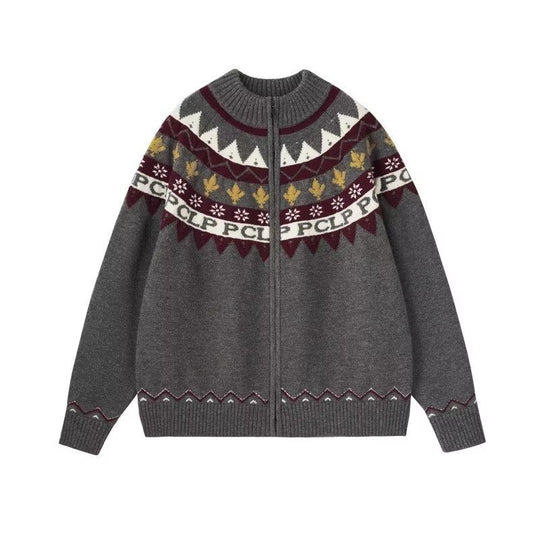 Damen Lässige Strick-Zipjacke mit Jacquard-Yoke und Rippbündchen Nord Taschen