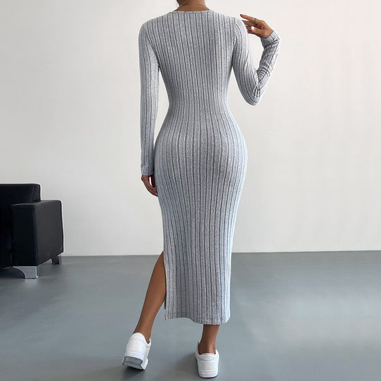 Damen figurbetontes Rippenstrick-Midikleid mit schmaler Silhouette, Rundhalsausschnitt und seitlichem Oberschenkelschlitz Nord Taschen