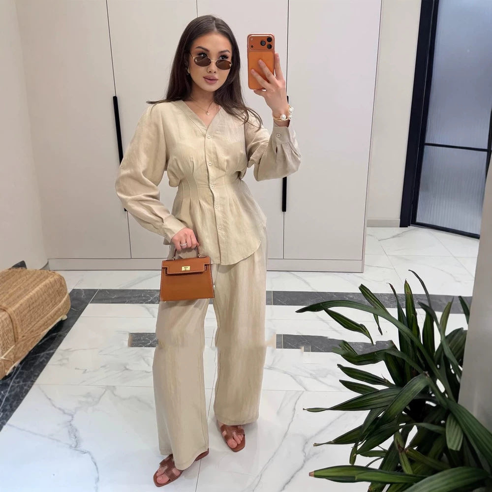 Damen V-Ausschnitt Blusen- und Culotte-Set mit Taillenfalten und weiten Beinen Nord Taschen