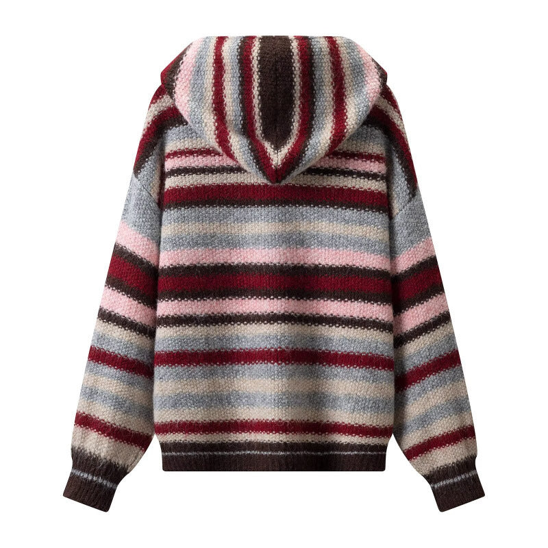 Damen Gestreifter Kapuzen-Cardigan aus flauschigem Mohair-Mix mit Dreiecksknöpfen Nord Taschen