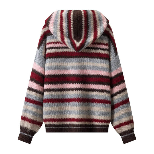 Damen Gestreifter Kapuzen-Cardigan aus flauschigem Mohair-Mix mit Dreiecksknöpfen Nord Taschen