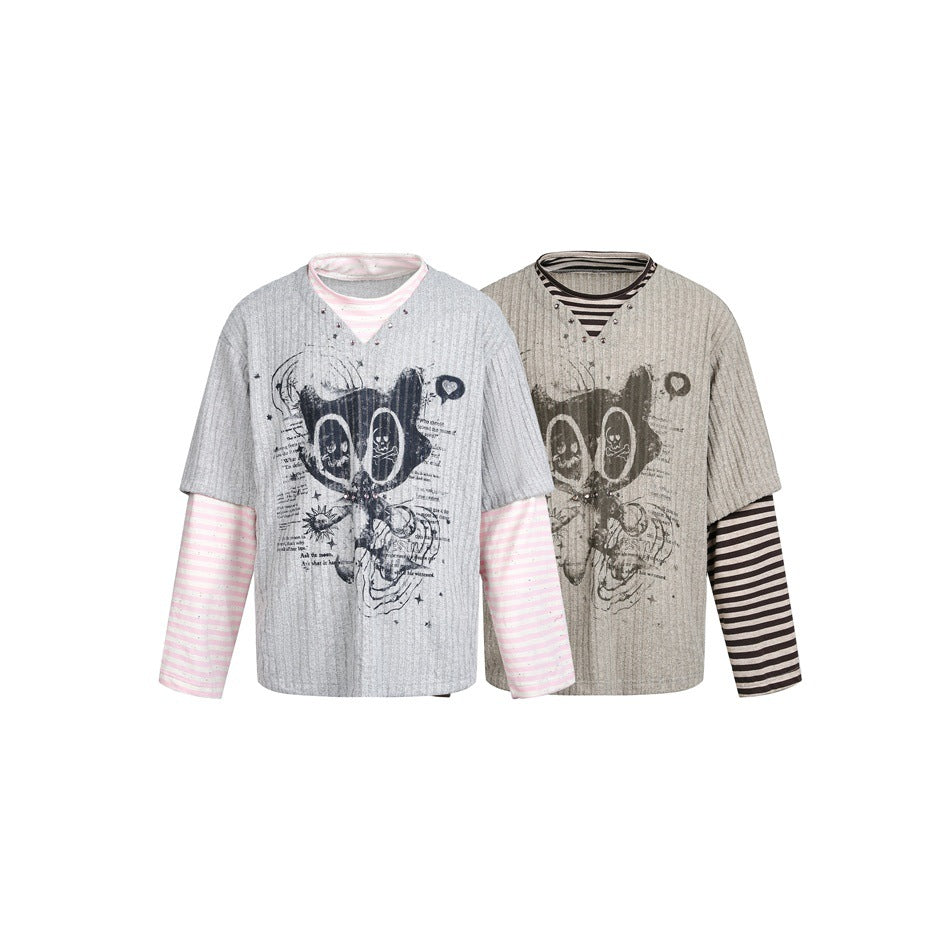 Damen Lagenlook-Longsleeve mit gestreiften Ärmelärmeln und grafischem Statement-Print Nord Taschen