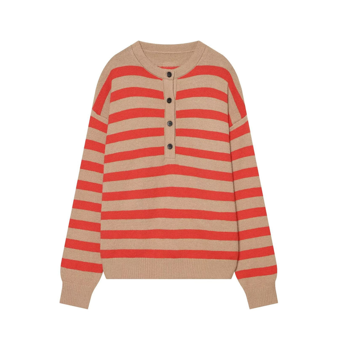 Damen Gestreifter Strickpullover mit Henley-Knopfleiste Nord Taschen