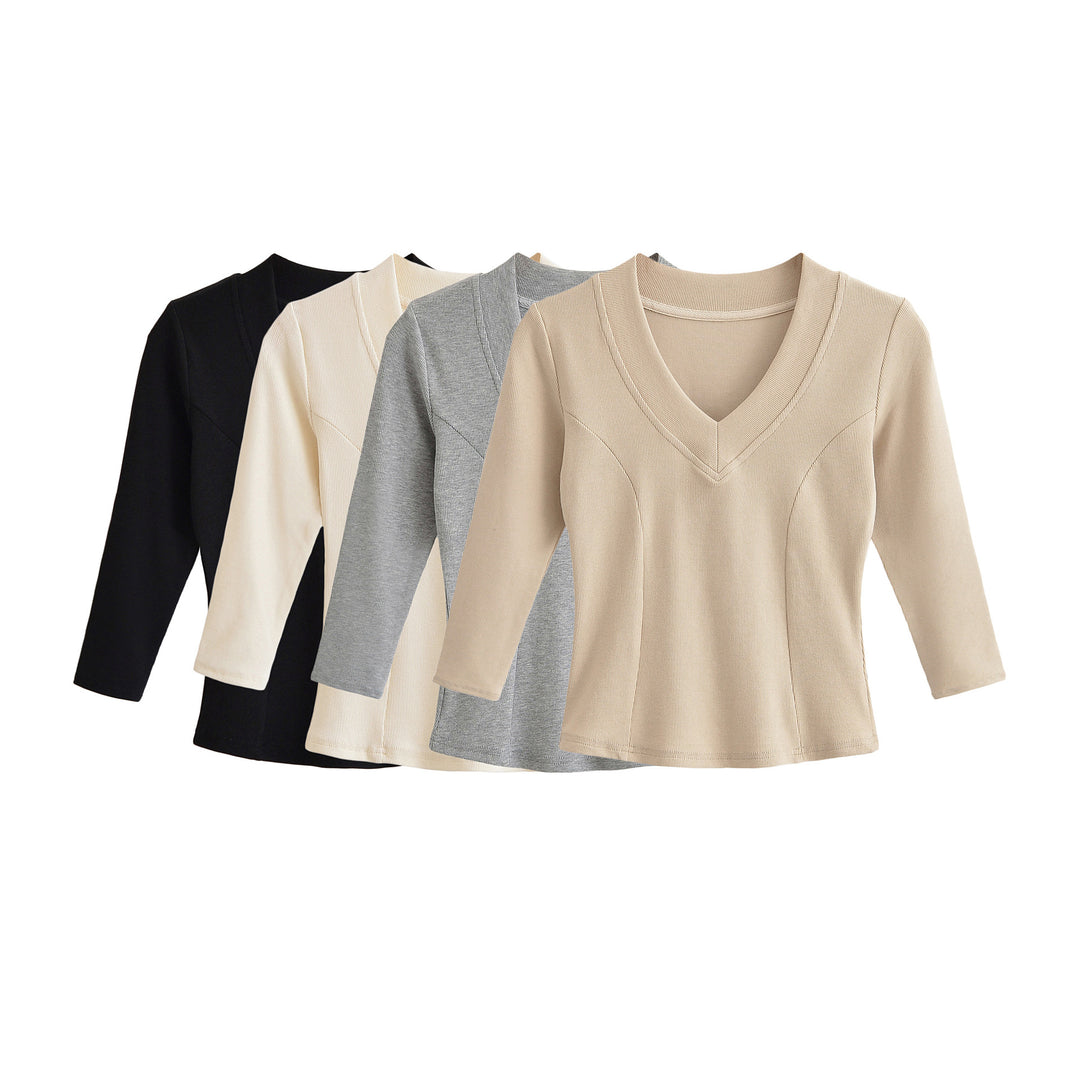 Damen Geripptes Langarmshirt mit V-Ausschnitt und taillierter Schnittführung Nord Taschen