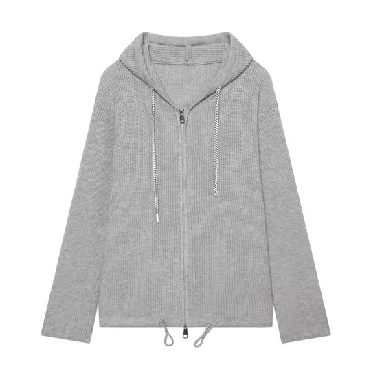 Damen Strickkapuzenjacke mit durchgehendem Reißverschluss, Rippenstruktur und Tunnelzug Nord Taschen