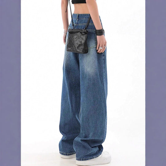 Damen hochtaillierte Oversized-Baggy-Jeans mit Knie-Rip und weitem Bein Nord Taschen