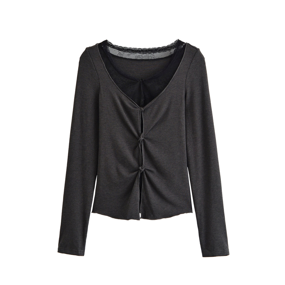 Damen Langarm-Feinjersey-Top mit Spitzen-Einsatz, Knotenfront und Raffung Nord Taschen