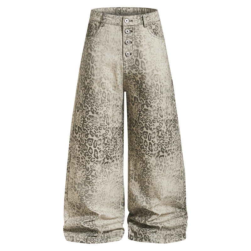 Damen Hochtaillierte Balloon-Jeans im Animalprint mit weitem Culotte‑Schnitt und Knopfleiste Nord Taschen