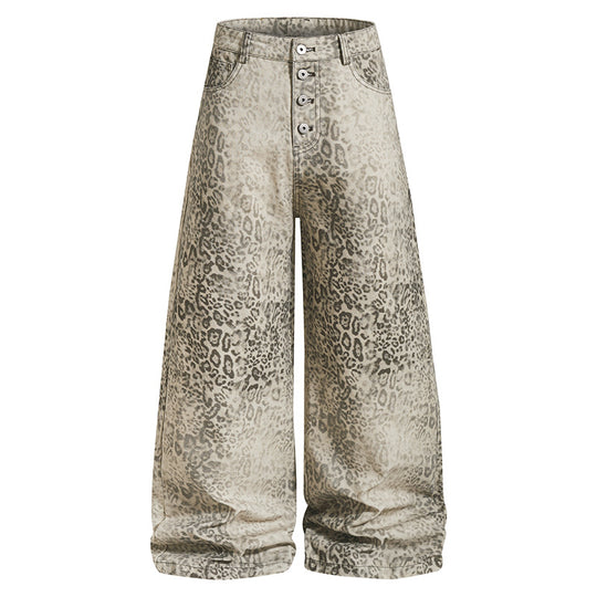 Damen Hochtaillierte Balloon-Jeans im Animalprint mit weitem Culotte‑Schnitt und Knopfleiste Nord Taschen