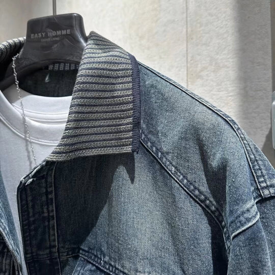 Herren Weitgeschnittene Jeansjacke mit geripptem Kontrastkragen und Vintage-Waschung Nord Taschen