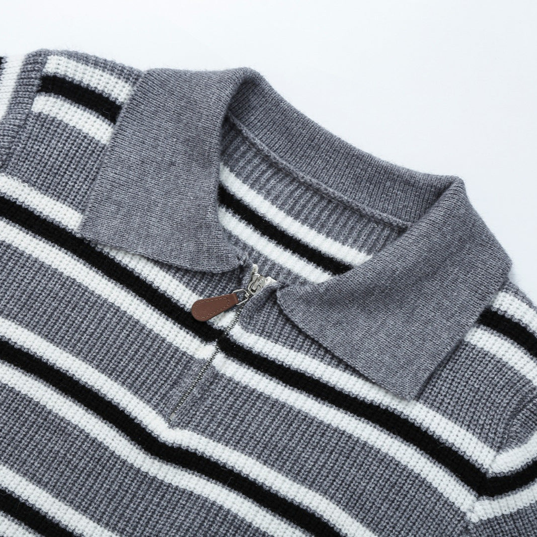 Damen Gestreifter Strickpullover mit Polokragen und Halbreißverschluss Nord Taschen