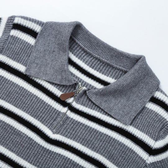 Damen Gestreifter Strickpullover mit Polokragen und Halbreißverschluss Nord Taschen