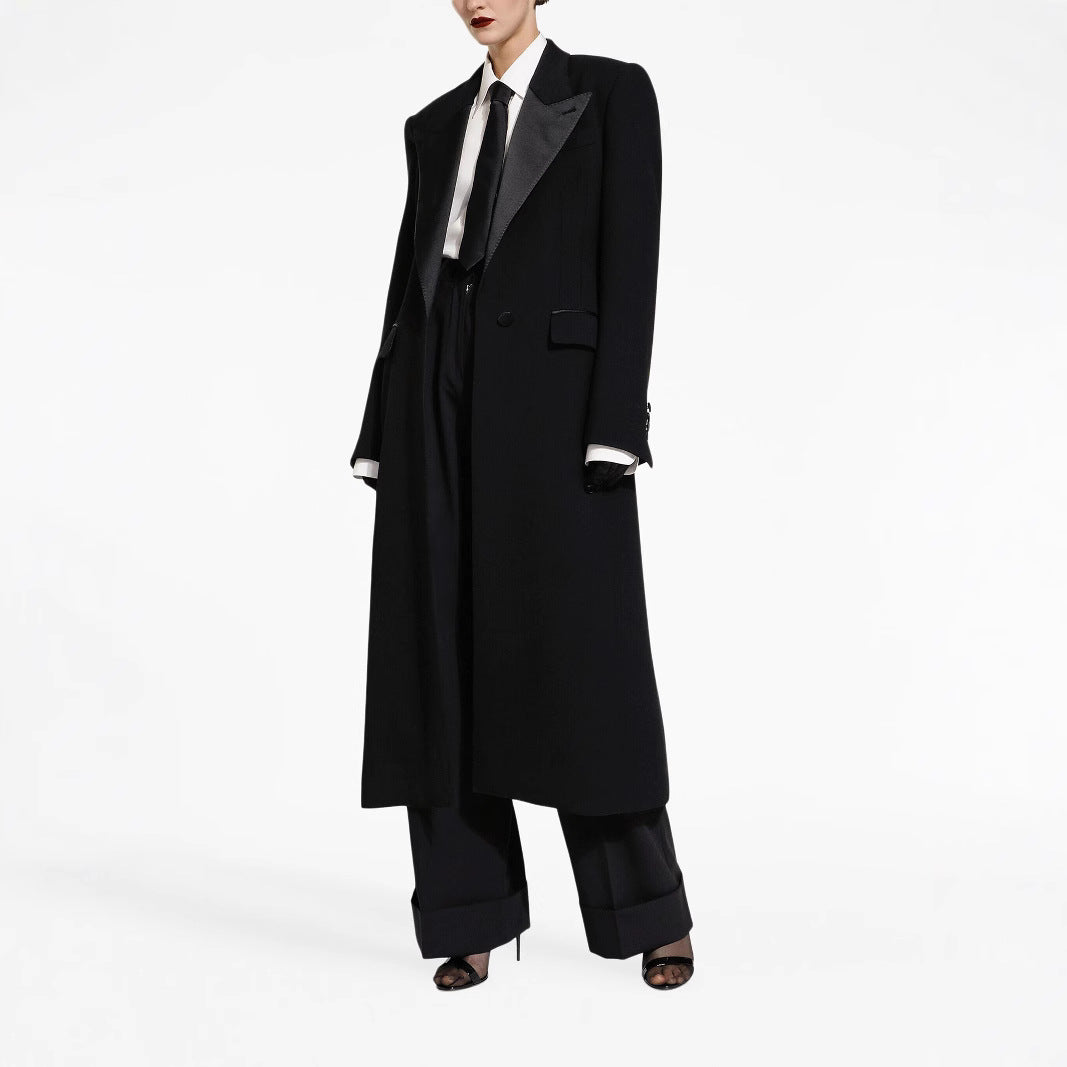 Damen Eleganter Smoking-Hosenanzug mit langem Mantel und weiten Bundfaltenhosen Nord Taschen