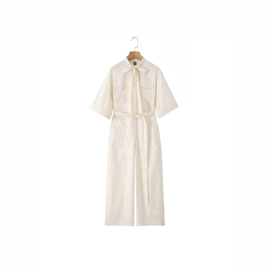 Damen Langer Utility-Jumpsuit mit Hemdkragen und Bindegürtel Nord Taschen
