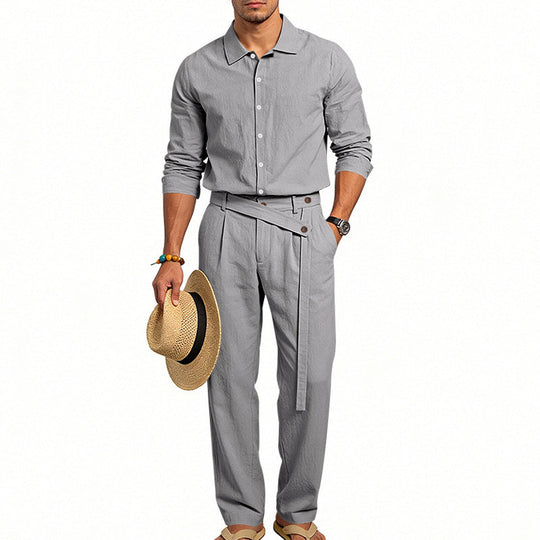 Herren nan eleganter Leinen-Zweiteiler mit Hemd und Hose mit hohem Bund und Bindegürtel