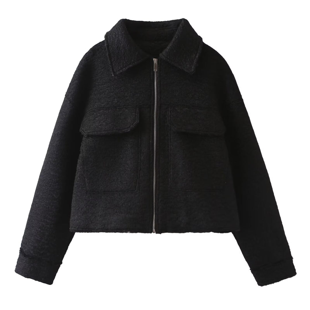 Damen Kurz geschnittene Bouclé‑Jacke mit durchgehendem Reißverschluss und Pattentaschen Nord Taschen
